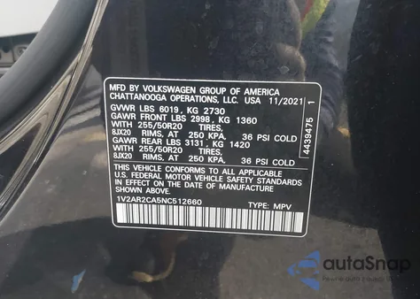 2022 Volkswagen Atlas 3.6L V6 Sel R-Line из США, поврежденный, VIN 1V2AR2CA5NC512660